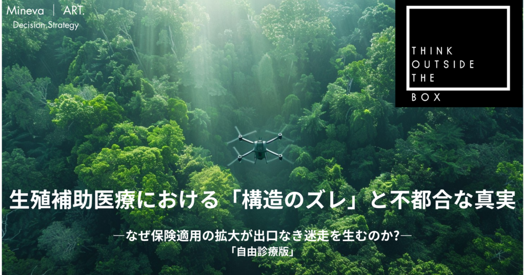 ドローンで俯瞰した圧倒的に深い緑の原生林の全画面背景。左上に「Mineva | ART. Decision. Strategy」のロゴ、右上に黒背景で白枠に囲まれた「THINK OUTSIDE THE BOX」の鋭利なグラフィックが重なる。下部には白と薄グレーのタイポグラフィで、生殖補助医療における保険適用の限界と自由診療の戦略を提示するタイトルが刻まれている。